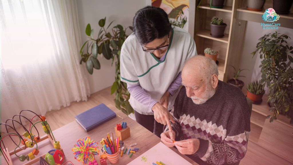 Caregiver assisting elderly dementia care at home in Southern Manitoba