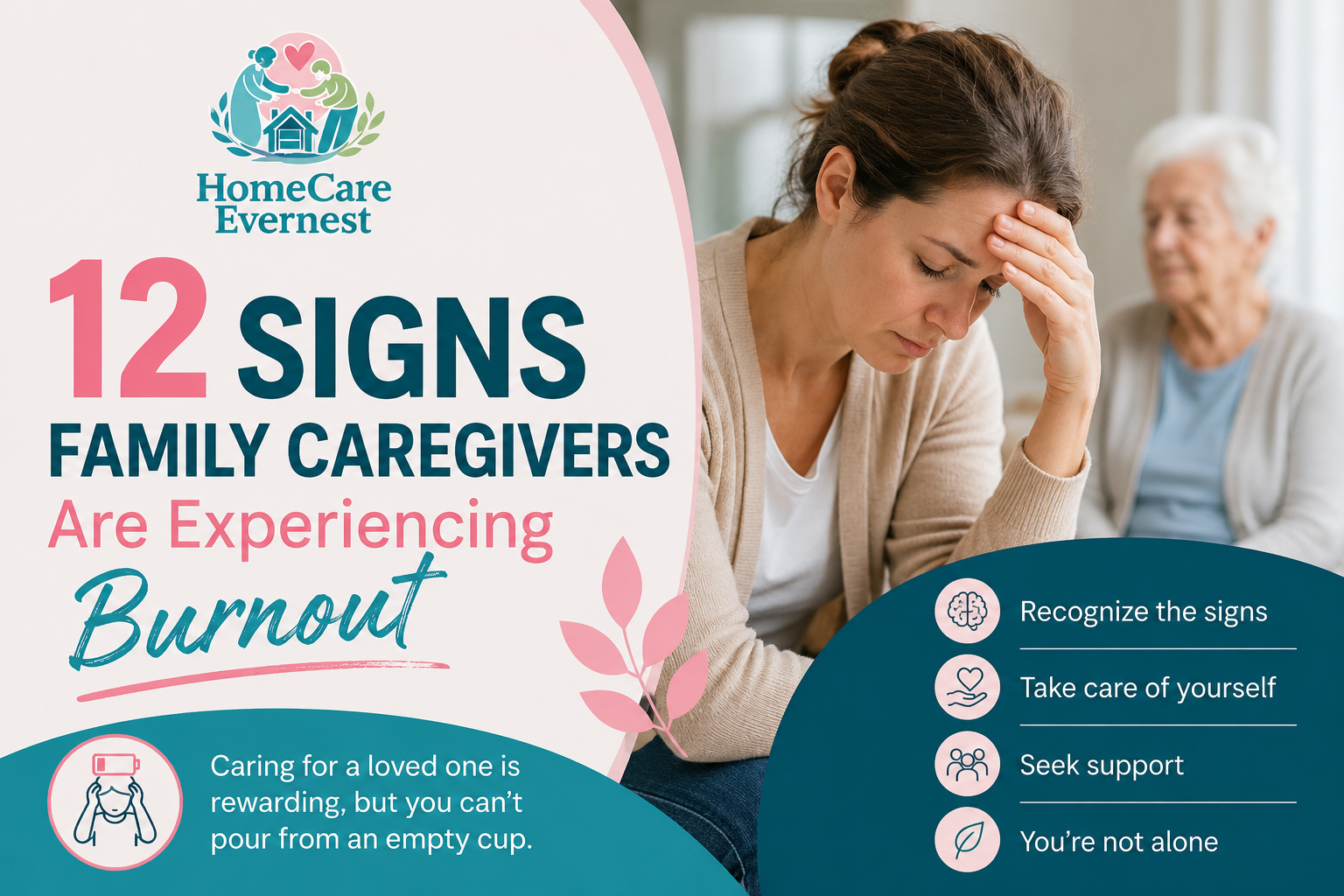 Family caregiver feeling tired and overwhelmed while caring for an older loved one at home
