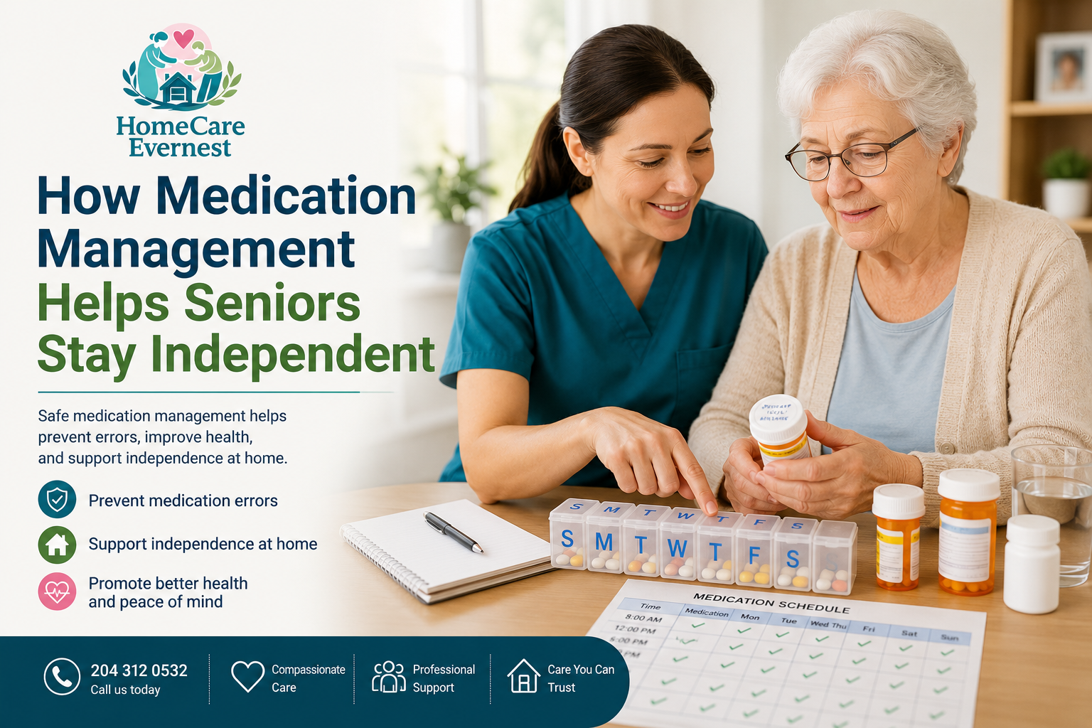 Caregiver helping a senior manage medications safely at home in Winnipeg Manitoba