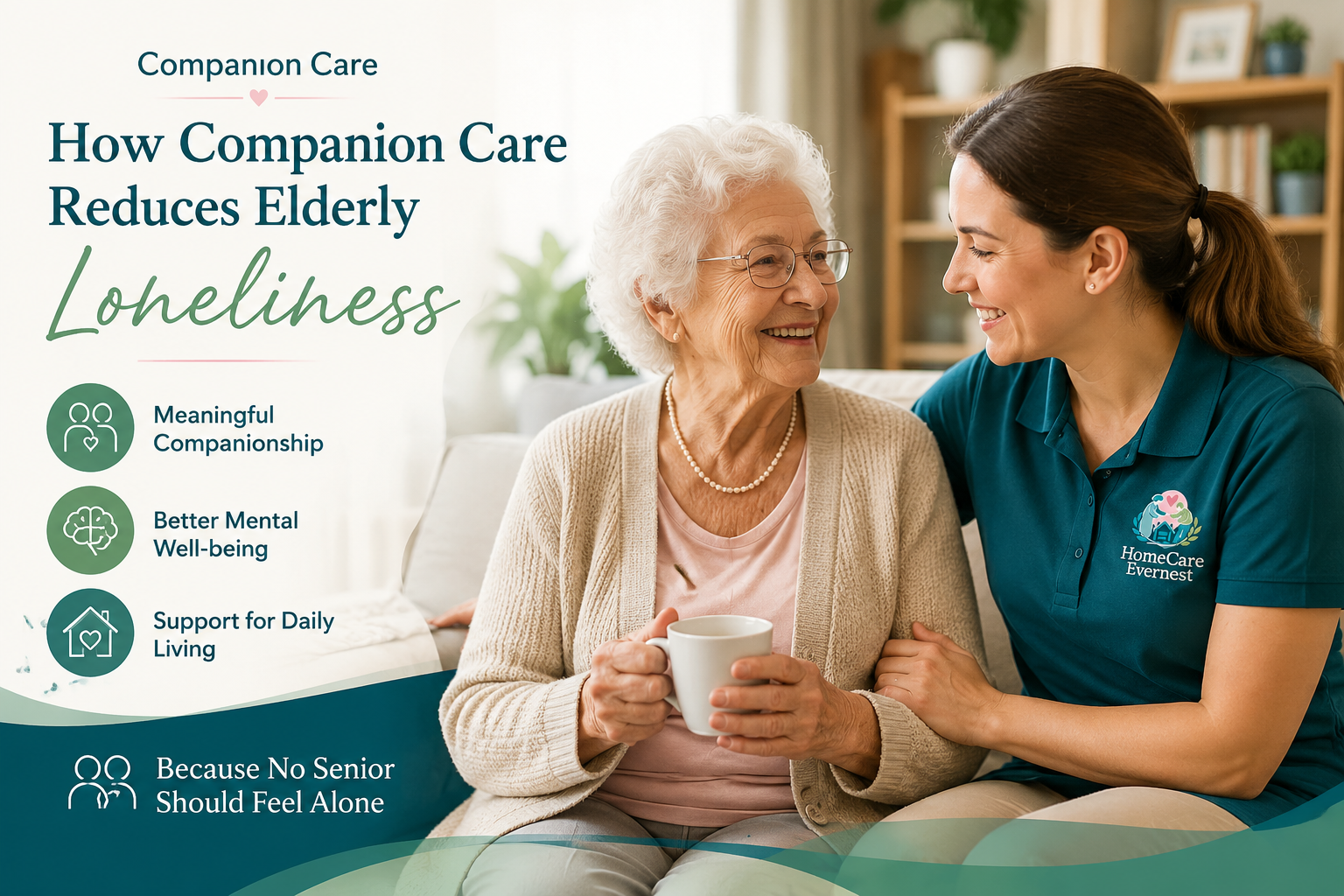 Companion caregiver spending time with a smiling senior to reduce elderly loneliness