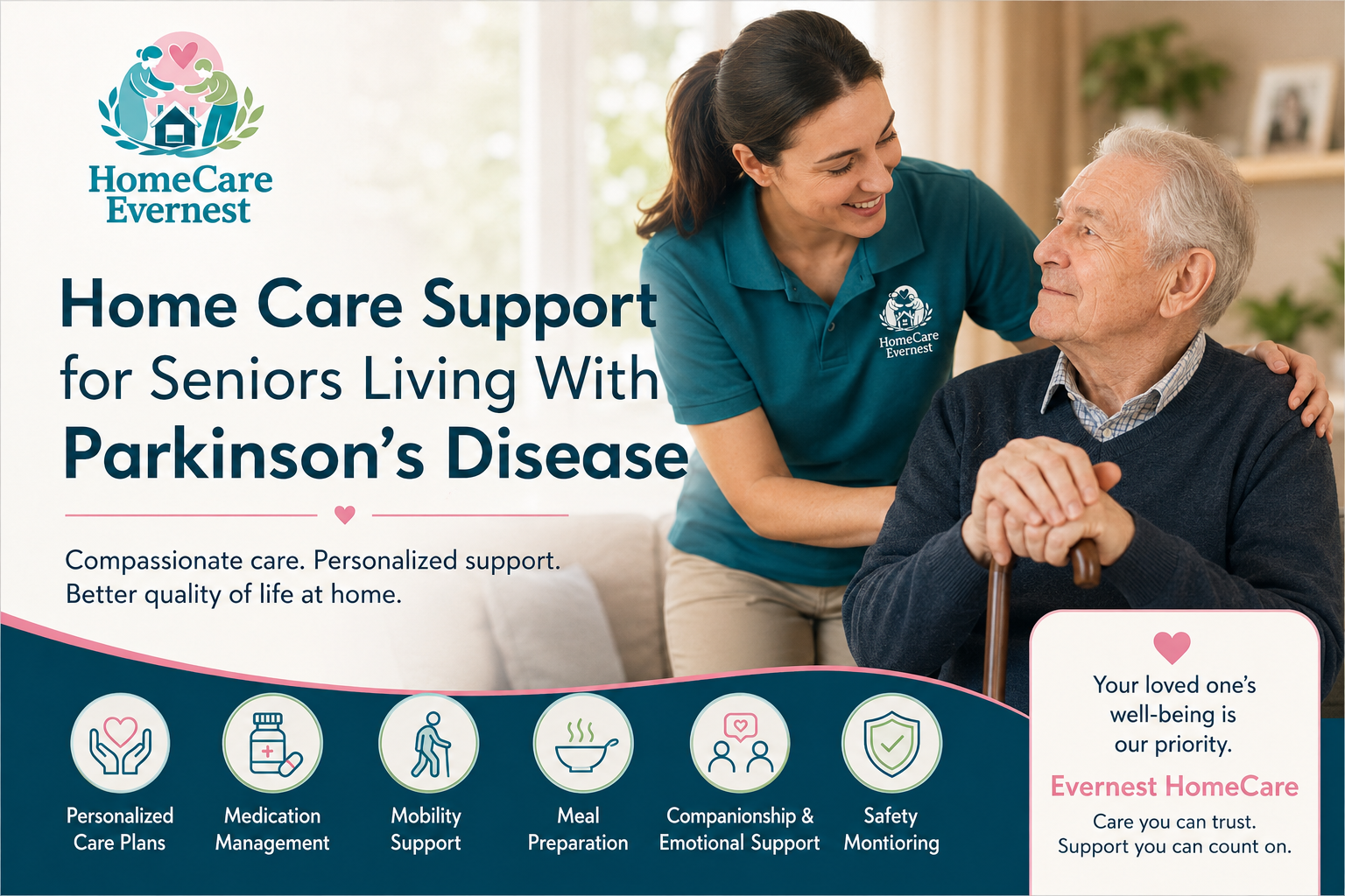 Caregiver assisting a senior with Parkinson's disease at home with mobility and daily activities