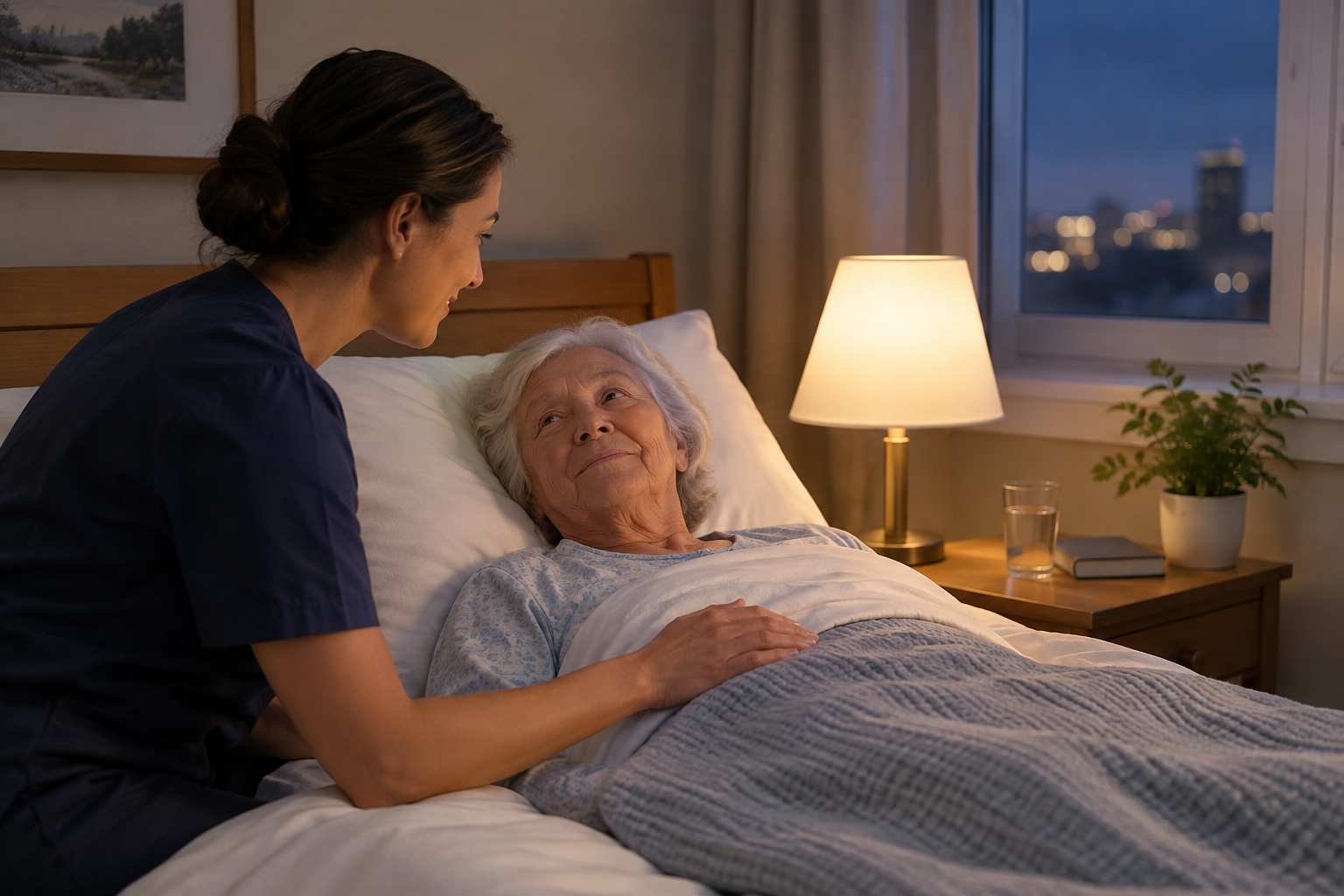 Caregiver checking on a senior at night in a Winnipeg home with a bedside lamp on
